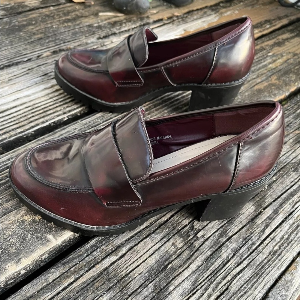 Rouge Helium Chunky Heels Platform Loafers Size 8 EU 38 Burgundy Black Retro - Picture 6 of 9
